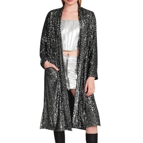 NWT | Steve Madden  Gunmetal Sequin Show Stopper Duster Jacket XS - Picture 1 of 10